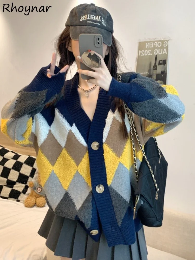 

Cardigan Women Chic Lazy Style Argyle Fashion Ulzzang Vintage Simple Baggy Design Female V-neck All-match Jumpers Ins Schoolgirl