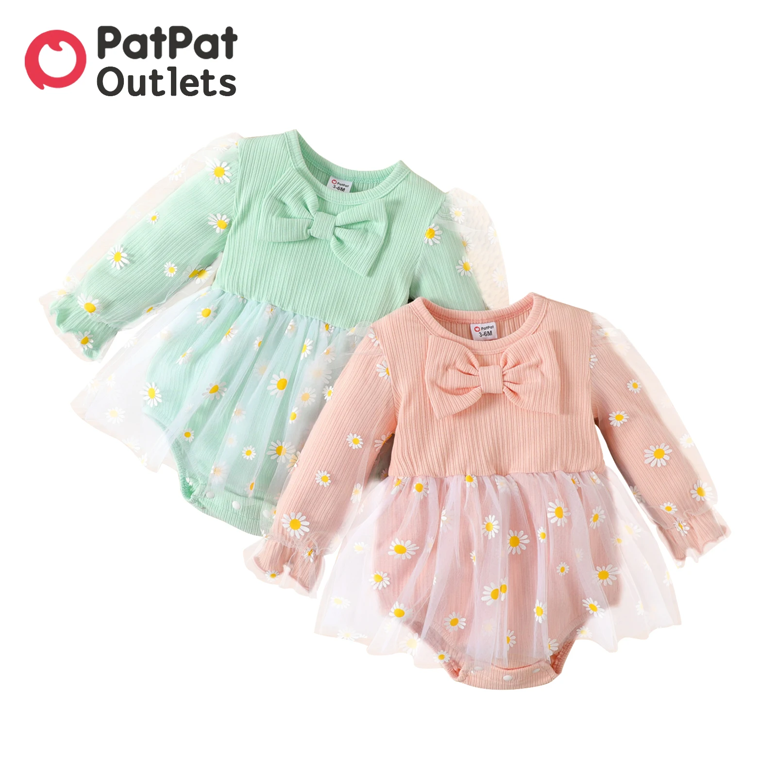 

PatPat newborn Baby Girl Clothes New Born Baby Items Overalls Jumpsuits Mesh Spliced Rib Knit Bow Long-sleeve Romper Bodysuit