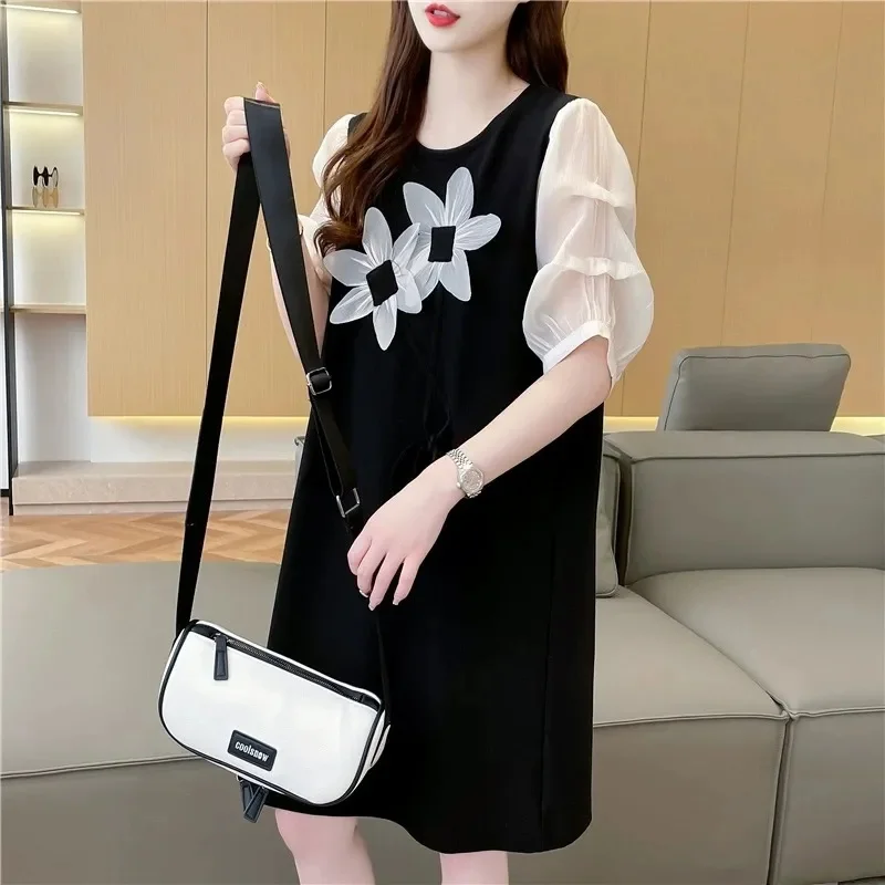 Loose Splicing Short Sleeve Medium-length T-shirt Dress Female 2023 Summer Casual Ageing Hundred Flower Print Fashion Tops
Loose Splicing Short Sleeve Medium-length T-shirt Dress Female 2023 Summer Casual Ageing Hundred Flower Print Fashion Tops