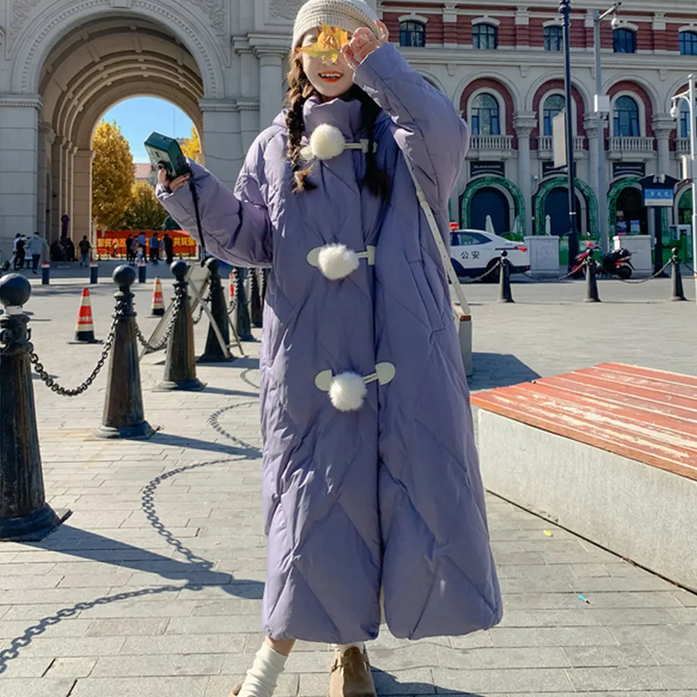 

Пурпурное пальто в клетку со стразами, новинка зимы 2023, женское длинное пальто большого размера выше колена на белом утином пуху, толстое теплое Женское пальто