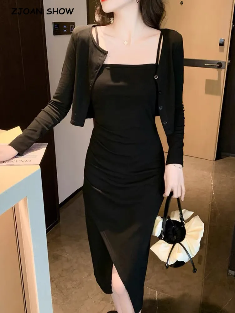2022 Autumn Retro Knitted Rib Cotton Full Sleeve Cropped Tee shirts Women Cross Slit Hem Sling Dresses Matching Set 2pcs Sexy
2022 Autumn Retro Knitted Rib Cotton Full Sleeve Cropped Tee shirts Women Cross Slit Hem Sling Dresses Matching Set 2pcs Sexy