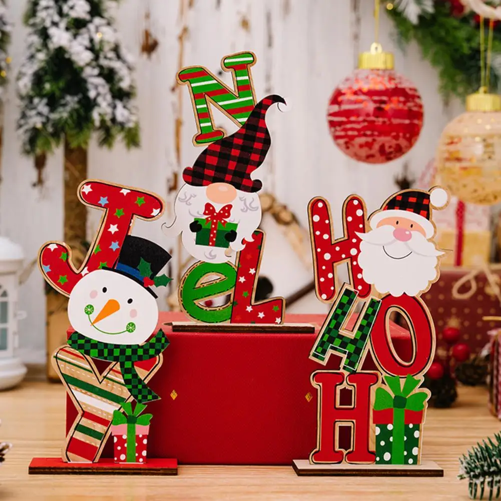 

Snowman Theme Decoration Festive Holiday Table Decor Charming Santa Claus Snowman Gnome Wood Ornaments Colorful Letters Reusable