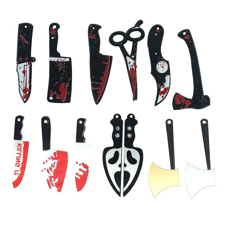 10pcs/lot Blood Knife Scissors Axe Charms Acrylic Halloween Weapon Shape Jewlery for DIY Earring Keychain Making Findings
10pcs/lot Blood Knife Scissors Axe Charms Acrylic Halloween Weapon Shape Jewlery for DIY Earring Keychain Making Findings