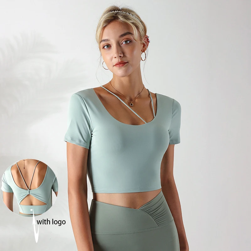 With Logo Ladies Yoga Short Sleeve Stretch Back Cutout With Chest Pad Sports Fitness Top Fashion Casual Outdoor Jogging T-Shirt
With Logo Ladies Yoga Short Sleeve Stretch Back Cutout With Chest Pad Sports Fitness Top Fashion Casual Outdoor Jogging T-Shirt