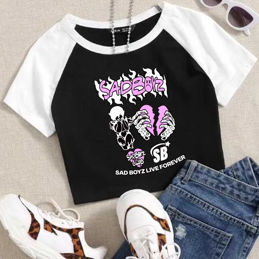 Укороченные топы Sad Boyz Junior H модная женская футболка с круглым вырезом и короткими