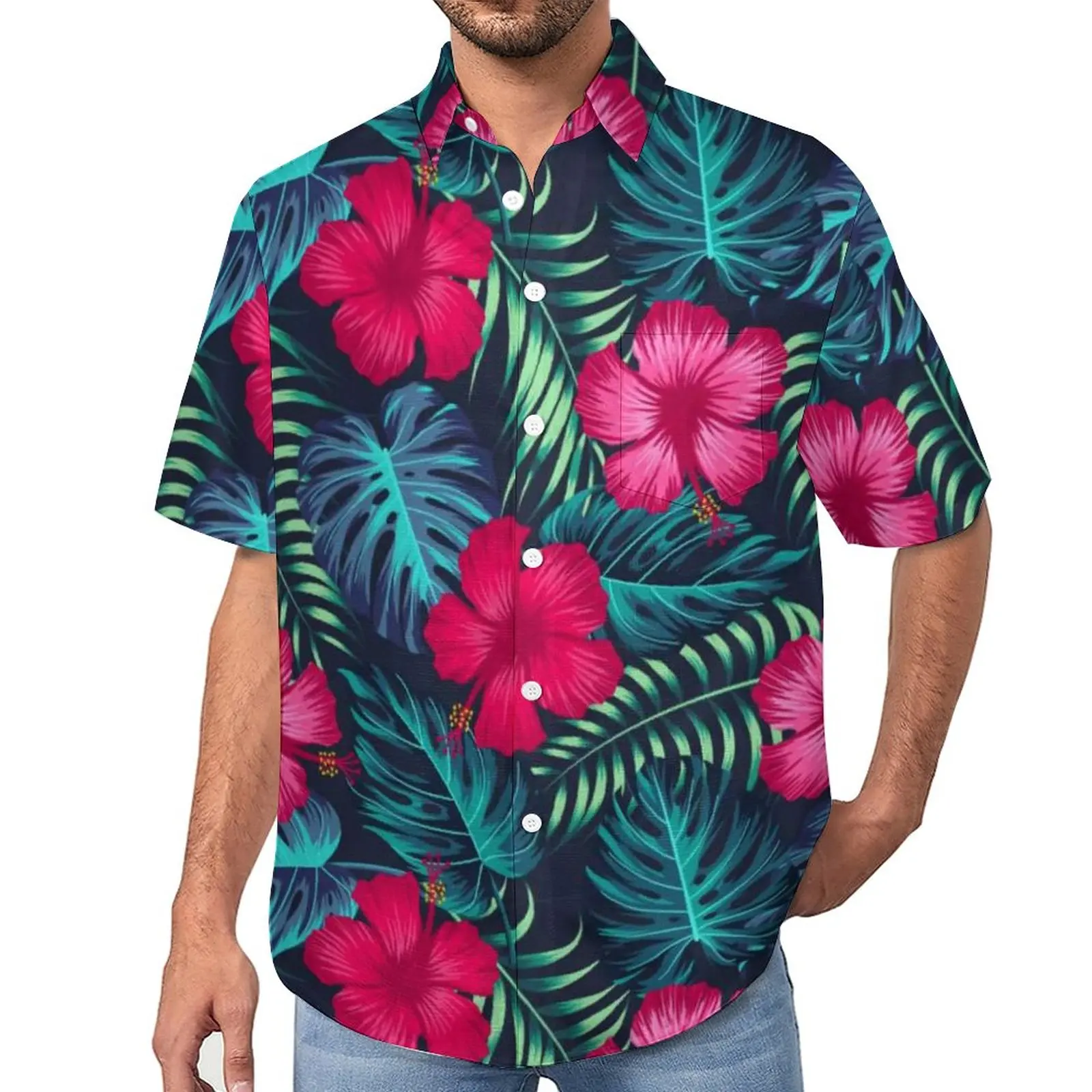 

Tropical Palm Leaves Casual Shirts Floral Hibiscus Flowers Vacation Shirt Hawaiian Fashion Blouses Male Printed Plus Size