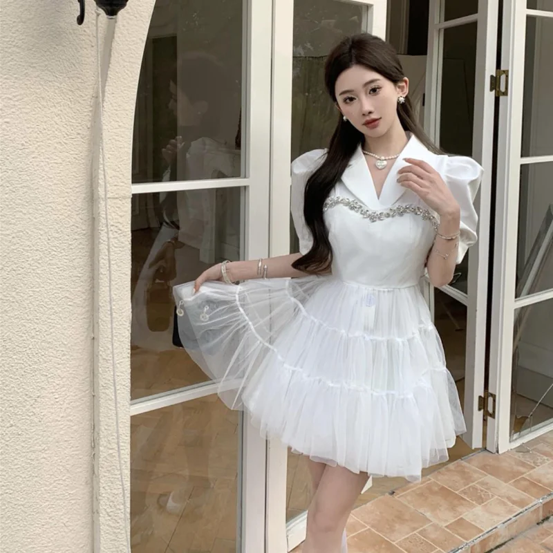 Fashion 2 Pieces Strap Mesh Dress Set Women Summer Elegant Bubble Sleeve Blazer Dress + Crystal Mini Dress Two Piece Outfits
Fashion 2 Pieces Strap Mesh Dress Set Women Summer Elegant Bubble Sleeve Blazer Dress + Crystal Mini Dress Two Piece Outfits