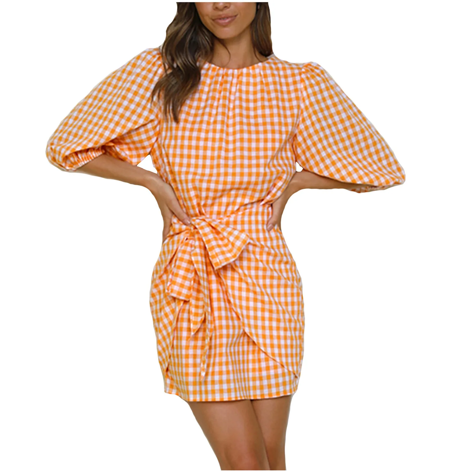 2022 Fashion Women's Summer Casual Plaid Printed Dresses Middle Sleeved Round Neck Bandage Dress mini vestidos de mujer 
2022 Fashion Women's Summer Casual Plaid Printed Dresses Middle Sleeved Round Neck Bandage Dress mini vestidos de mujer