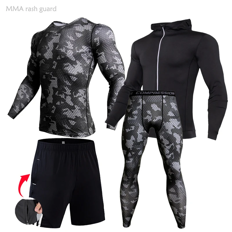 Workout Clothing 4-pc /Set of Men's Sportswear Compression Underwear Sports Tight Dark Grey Camouflage Tracksuit Sweat Suit Set
Workout Clothing 4-pc /Set of Men's Sportswear Compression Underwear Sports Tight Dark Grey Camouflage Tracksuit Sweat Suit Set