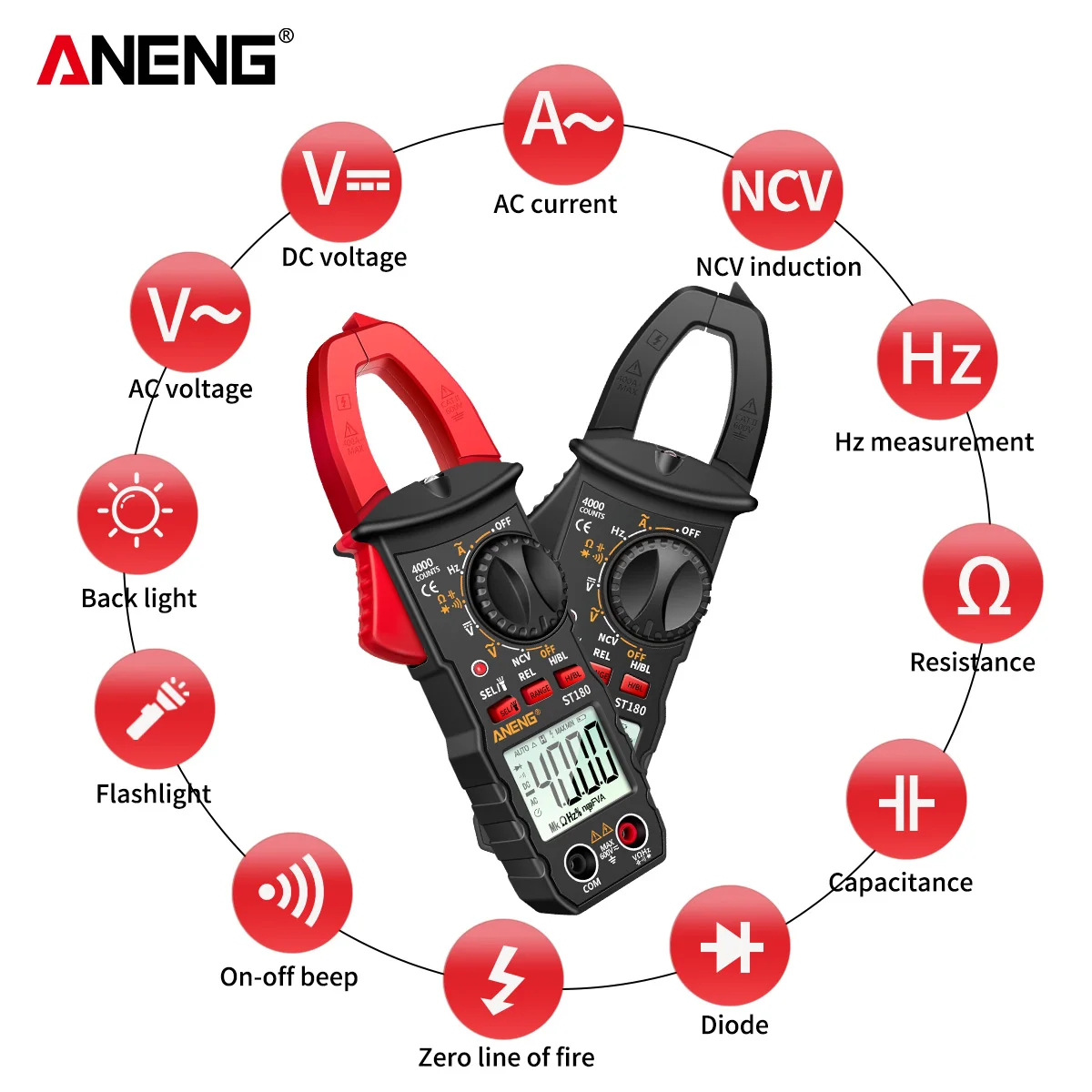 ANENG ST180 4000 Counts Digital Clamp Meter AC Current Multimeter Ammeter Voltage Tester Car Amp Hz Capacitance NCV Ohm Tool
ANENG ST180 4000 Counts Digital Clamp Meter AC Current Multimeter Ammeter Voltage Tester Car Amp Hz Capacitance NCV Ohm Tool