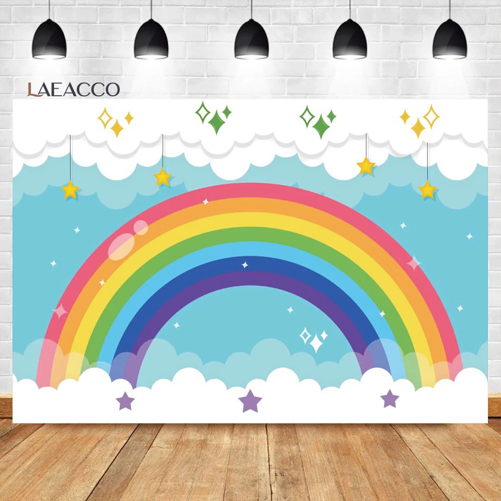 

Laeacco Cartoon Rainbow Backdrop Sky White Cloud Glitter Stars Girl Baby Shower Birthday Portrait Custom Photography Background