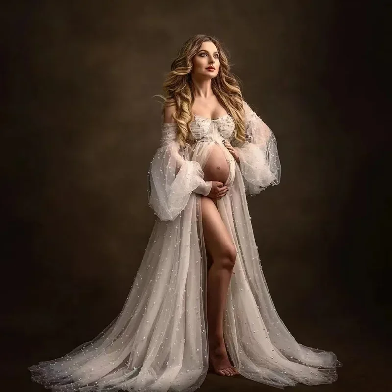 

Новинка 2023, кружевное Сетчатое платье для беременных женщин, соблазнительное длинное платье с разрезом на плечах и жемчугом, реквизит для фотосъемки, платье для беременных