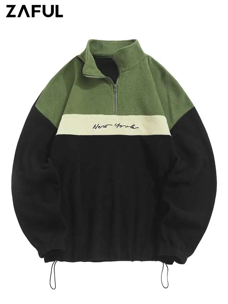 

ZAFUL Men's Turtleneck Sweatshirt Colorblock Polar Fleece Textured Hoodie Letter Embroidered Streetwear Sweats Pullover Z5112631