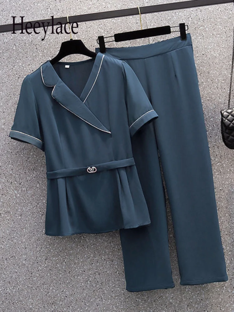 Women Summer Casual Pants Two Pieces Sets Ladies Elegant Short Sleeve High Waist Notched V Neck Tops And Solid Pants Sets 2022
Women Summer Casual Pants Two Pieces Sets Ladies Elegant Short Sleeve High Waist Notched V Neck Tops And Solid Pants Sets 2022
