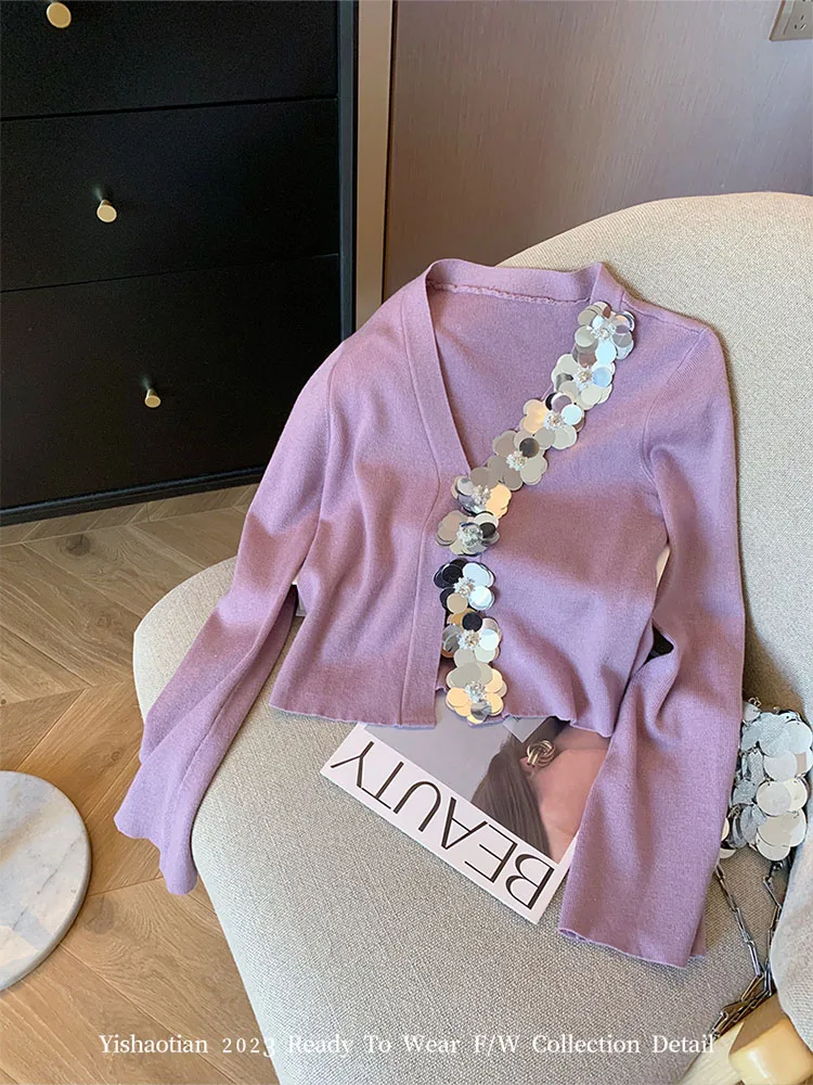 

French Elegance Autumn Winter Gyaru Purple Cardigans V-Neck Cozy Sweater Flare Sleeve Luxury Sequins Knitted Pullover New Design