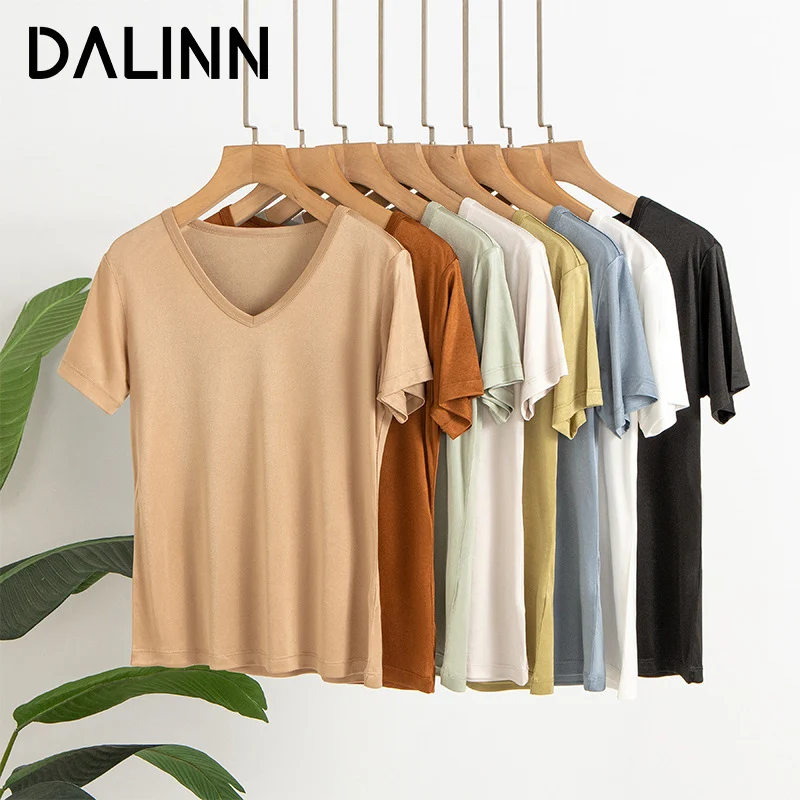 

Woman Casual T Shirts Basic V Neck Short Sleeves Acetate Silk Blend Cozy Tee 2023 Spring Summer New Bottoms Top DALINN