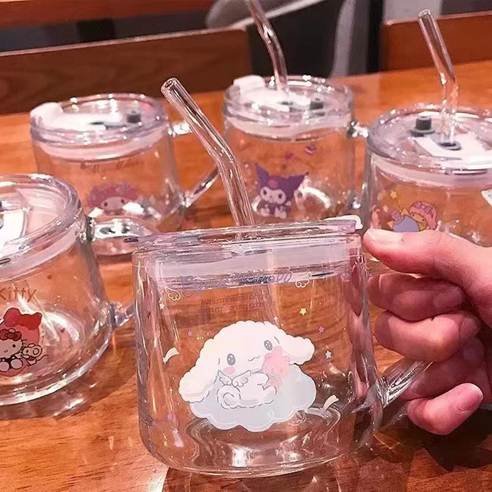 

New Sanrioed Anime Kt Cat Breakfast Cup Straw with Lid Kawaii My Melody Milk Juice Water Cup Kuromi Cinnamoroll Glass Cup Gifts