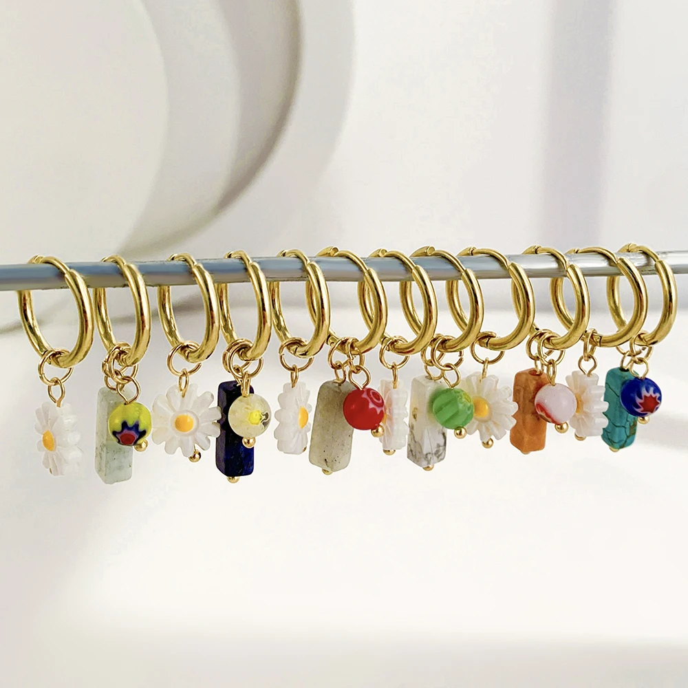 Asymmetric Handmade Geometric Natural Stone Pendants Daisy Flower Earrings for Women Golden Circle Stainless Steel Hoop Earrings
Asymmetric Handmade Geometric Natural Stone Pendants Daisy Flower Earrings for Women Golden Circle Stainless Steel Hoop Earrings