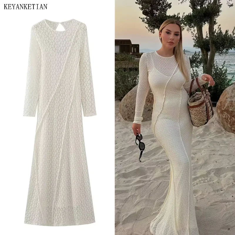 

KEYANKETIAN Autumn New Women's Hollow Crochet Dress Boho Holiday Wind Sexy Backless MIDI Dress Spliced Lace Fishtail Dresses