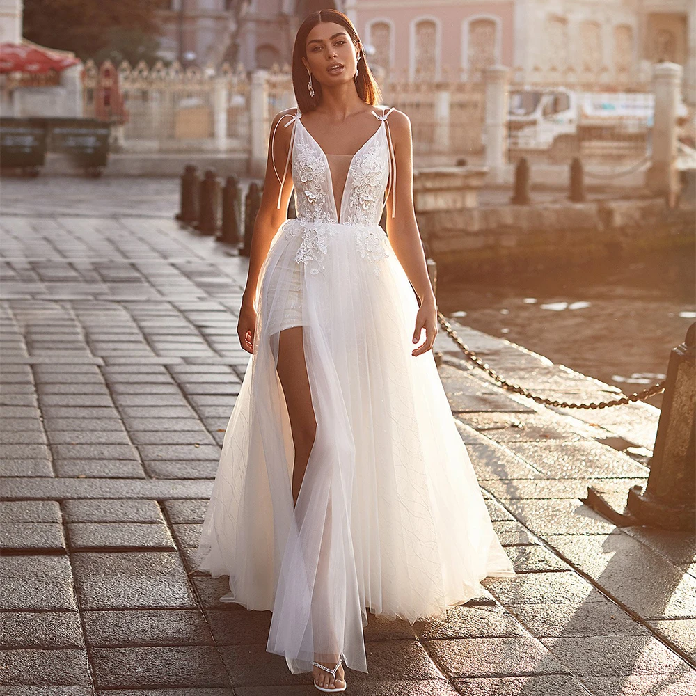 Lace Tulle V Neck Wedding Dress For Women High Split Civil Bride Gowns Flroal Appliques Robe De Mariée For Women Customzie Made
Lace Tulle V Neck Wedding Dress For Women High Split Civil Bride Gowns Flroal Appliques Robe De Mariée For Women Customzie Made