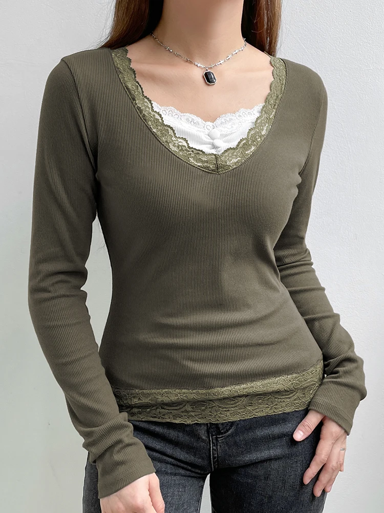 WeiYao Retro Green Ribbed Basic Tops Slim Long Sleeve Fall Outfits Women Lace Trim Cute Y2K Contrast Neckline Vintage T-Shirts
WeiYao Retro Green Ribbed Basic Tops Slim Long Sleeve Fall Outfits Women Lace Trim Cute Y2K Contrast Neckline Vintage T-Shirts