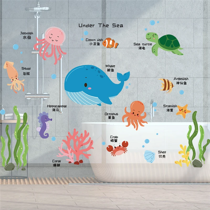 

Cute Fish Turtle Whale Coral Sealifes Wall Stickers For Kids Room Bathroom Decoration Diy Ocean Mural Art Home Decals Pvc Poster