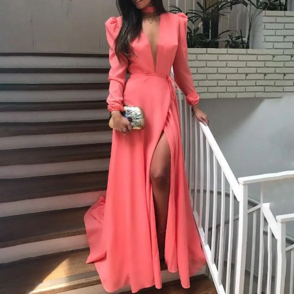 Autumn Winter New Womens Dress Fashion Split Long Skirt Deep V Long Sleeve Temperament Solid Color Evening Dresses For New Year
Autumn Winter New Womens Dress Fashion Split Long Skirt Deep V Long Sleeve Temperament Solid Color Evening Dresses For New Year