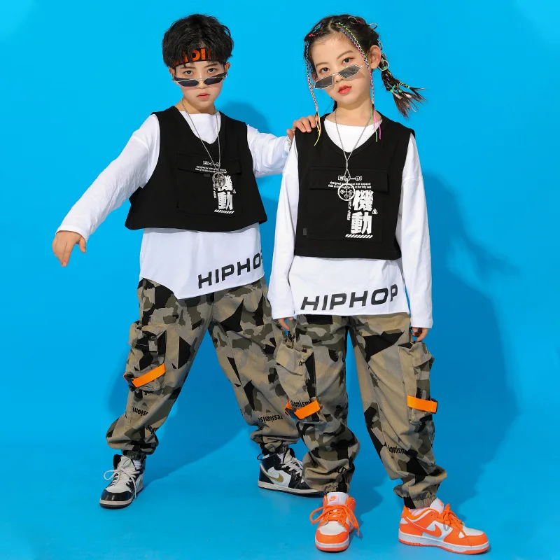 Kids Kpop Hip Hop Clothing White Long Sleeve T Shirt Top Black Vest Streetwear Camo Jogger Pants for Girl Boy Dance Costumes
Kids Kpop Hip Hop Clothing White Long Sleeve T Shirt Top Black Vest Streetwear Camo Jogger Pants for Girl Boy Dance Costumes