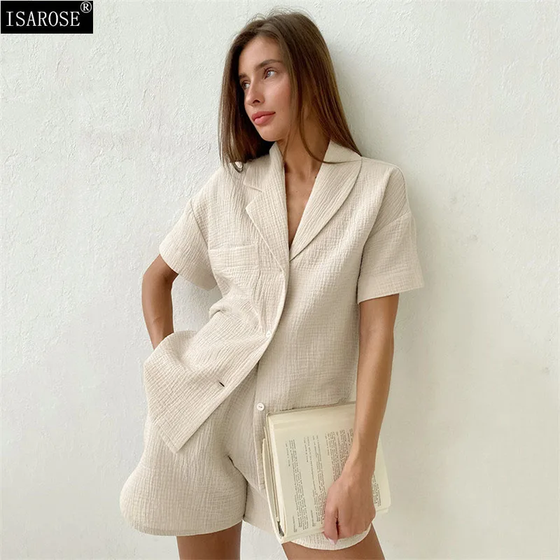 ISAROSE Women Summer Suits Casual Solid Color Breathable Cotton Asymmetrical Collar Basic Design Blouse Fashion Shorts Sets
ISAROSE Women Summer Suits Casual Solid Color Breathable Cotton Asymmetrical Collar Basic Design Blouse Fashion Shorts Sets