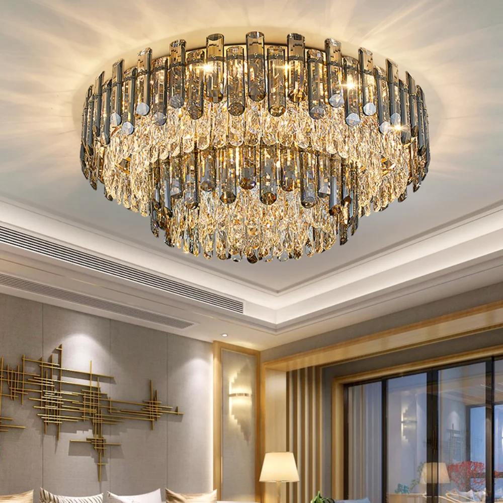 

Crystal Round Led Chandelier Modern Smoke Gray Hanging Lamps For Ceiling Lustre Dining Room Bedroom Decor Indoor Pendant Lights