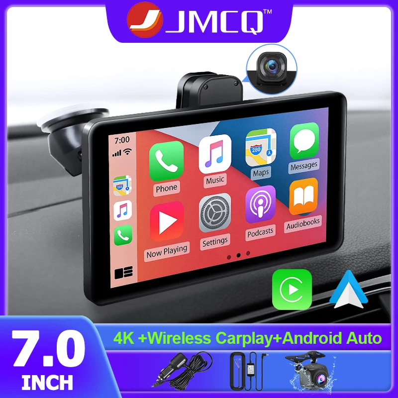 

JMCQ 7" Car DVR Dashcam 4K Carplay&Android Auto Front and Rear Camera Dual Lens Dashboard Built-in WIFI Driving Recorder DVRS