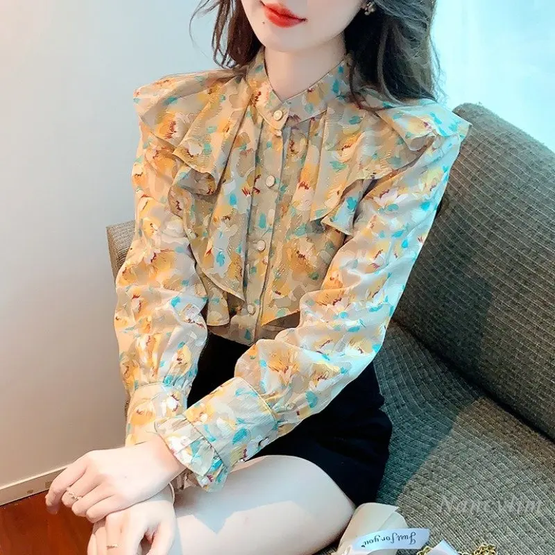 Stand Collar Floral Chiffon Blouses and Shirts Women's Spring Clothes 2023 New French Style Ruffled Long Sleeve Shirts Tops
Stand Collar Floral Chiffon Blouses and Shirts Women's Spring Clothes 2023 New French Style Ruffled Long Sleeve Shirts Tops