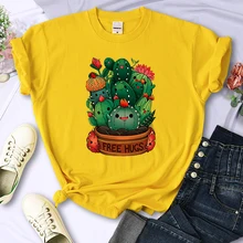 Cute Plant Cactus Free Hugs Print Women T-Shirt Personality Casual All-math Tee Clothing Street Hip Hop Tops Female Short Sleeve