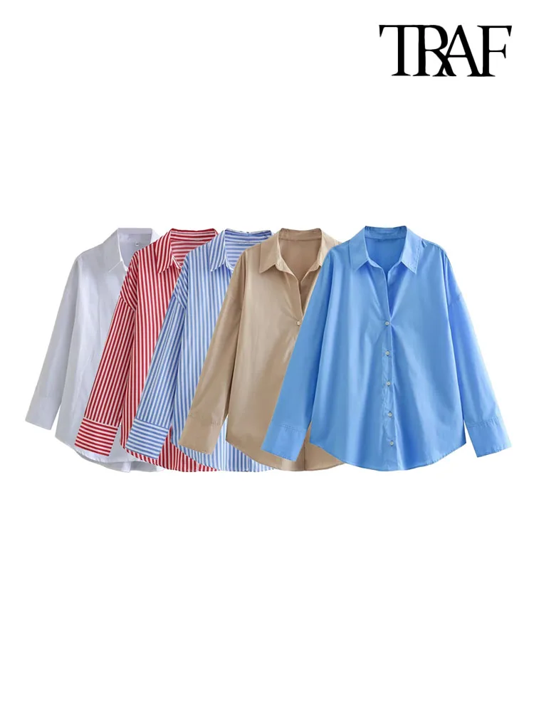 

TRAF Women Fashion Oversized Poplin Shirts Vintage Long Sleeve Button-up Female Blouses Blusas Chic Tops