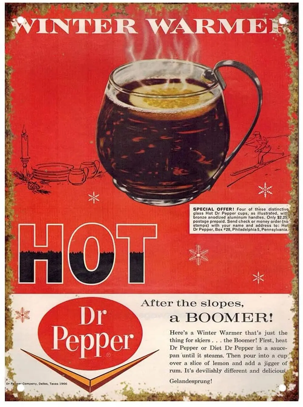 Hot Dr. Pepper and Rum Vintage Tin Sign Art Iron Painting Rusty Poster Decoration Aluminum plaque
Hot Dr. Pepper and Rum Vintage Tin Sign Art Iron Painting Rusty Poster Decoration Aluminum plaque