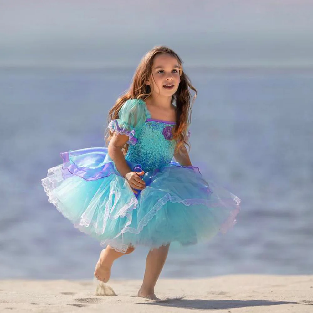 

2022 Summer Little Mermaid Kids Tutu Dresses Ariel Costume Green Children Girls Princess Party Sequined COS Wearing
