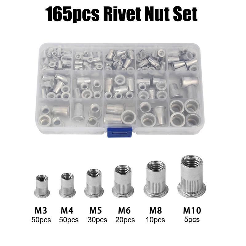 

165pcs M3 M4 M5 M6 M8 M10 Aluminum Flat Head Rivet Nuts NutsInsert Cap Rivet Nut Tool Set