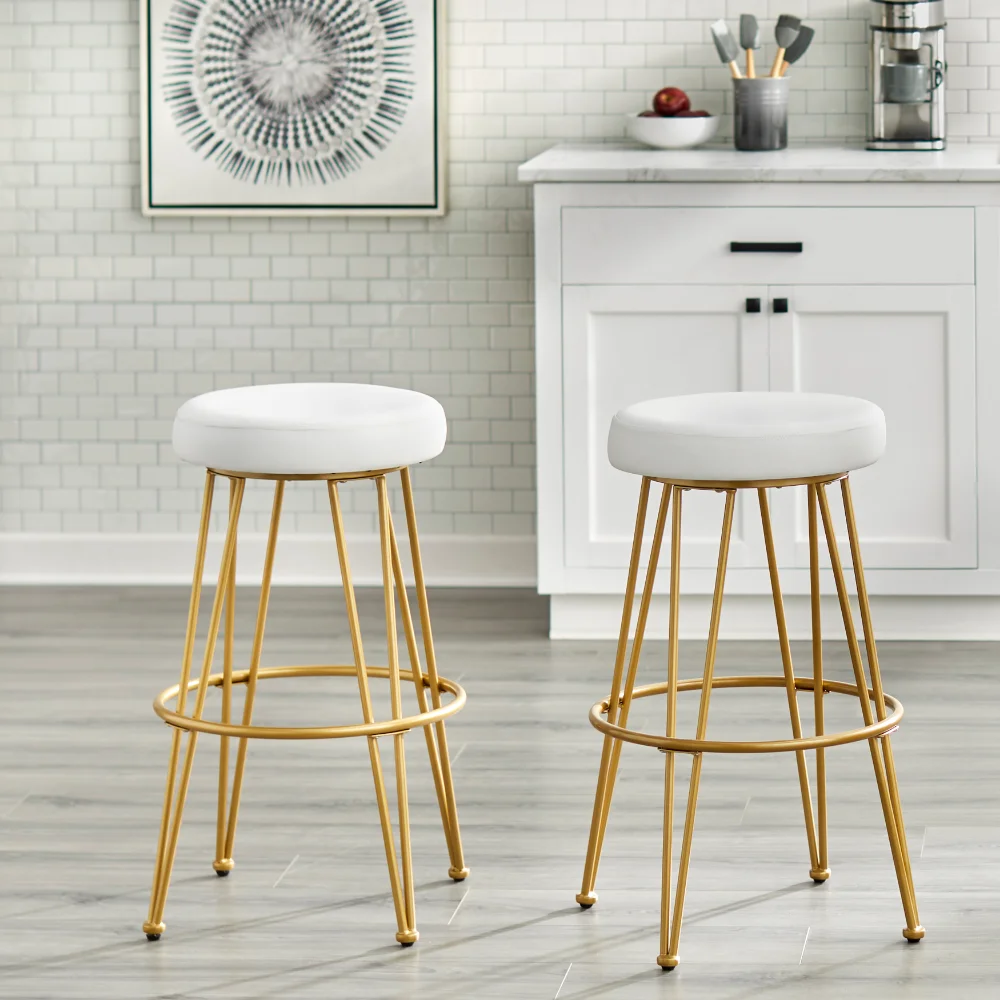 24” High Backless Counter Stool, Set of 2, White Faux Leather Seat/Gold Metal Frame
24” High Backless Counter Stool, Set of 2, White Faux Leather Seat/Gold Metal Frame