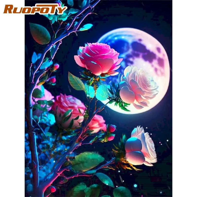 

RUOPOTY 60x75cm Frame Painting By Number For Adults Flowers Moon Scenery Picture By Numbers Acrylic Paint On Canvas Home Decor