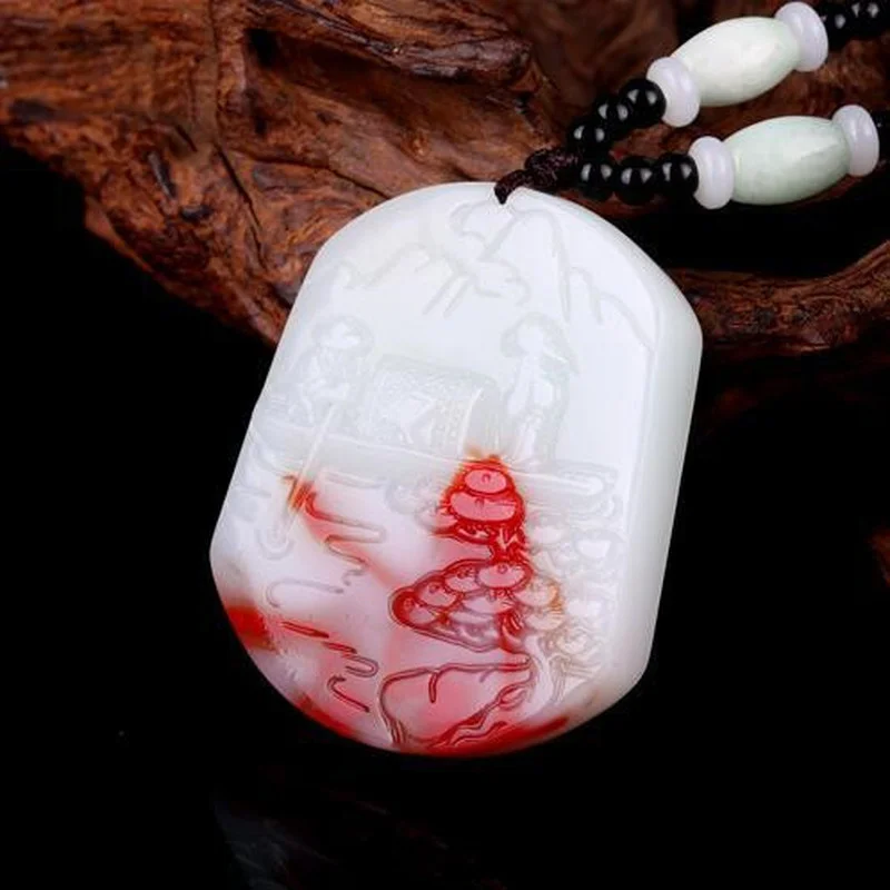 Xinjiang Hotan White Red Landscape Jade Pendant Men's and Women's Chicken Blood Stone Pendant Sweater Chain Jewelry 
Xinjiang Hotan White Red Landscape Jade Pendant Men's and Women's Chicken Blood Stone Pendant Sweater Chain Jewelry