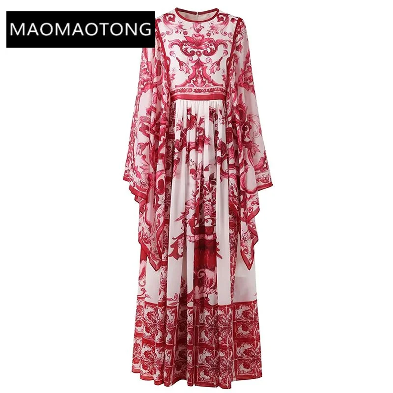 

Summer Chiffon Maxie Dress Women O-Neck Flare Sleeve Flowers Print Vintage Party Floor-Length Dresses For Women 2023 Runway