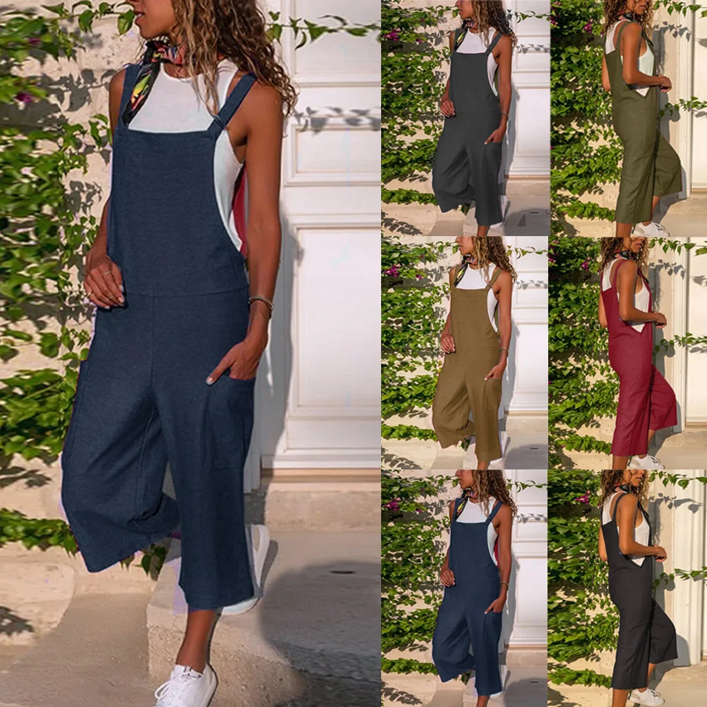 New Women Casual Loose Cotton Linen Solid Color Pockets Jumpsuit Wide Leg Pants Cropped Trousers Overalls
New Women Casual Loose Cotton Linen Solid Color Pockets Jumpsuit Wide Leg Pants Cropped Trousers Overalls