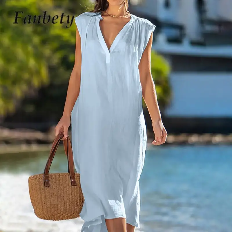 Women Cotton Linen Beach Pullover Dress Simple Casual Lady Solid Color Loose Dress Summer V Neck Sleeveless Long Dress Vestidos
Women Cotton Linen Beach Pullover Dress Simple Casual Lady Solid Color Loose Dress Summer V Neck Sleeveless Long Dress Vestidos
