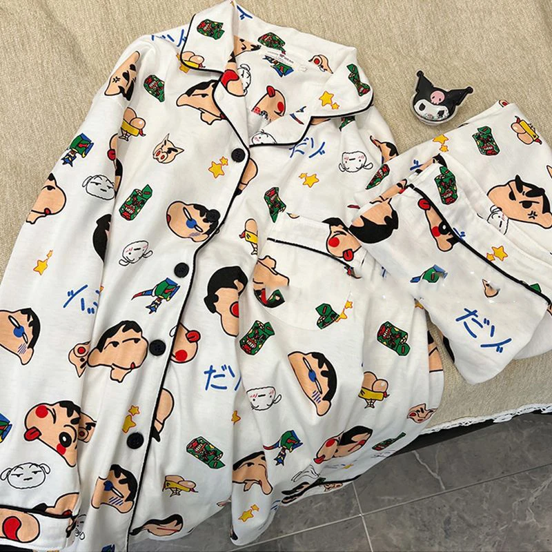 

Kawaii Crayon Shinchan пижамы Мультяшные милые хлопковые принты спортивный костюм студенческий Повседневный удобный Ins аниме Домашний набор подарок для девочки