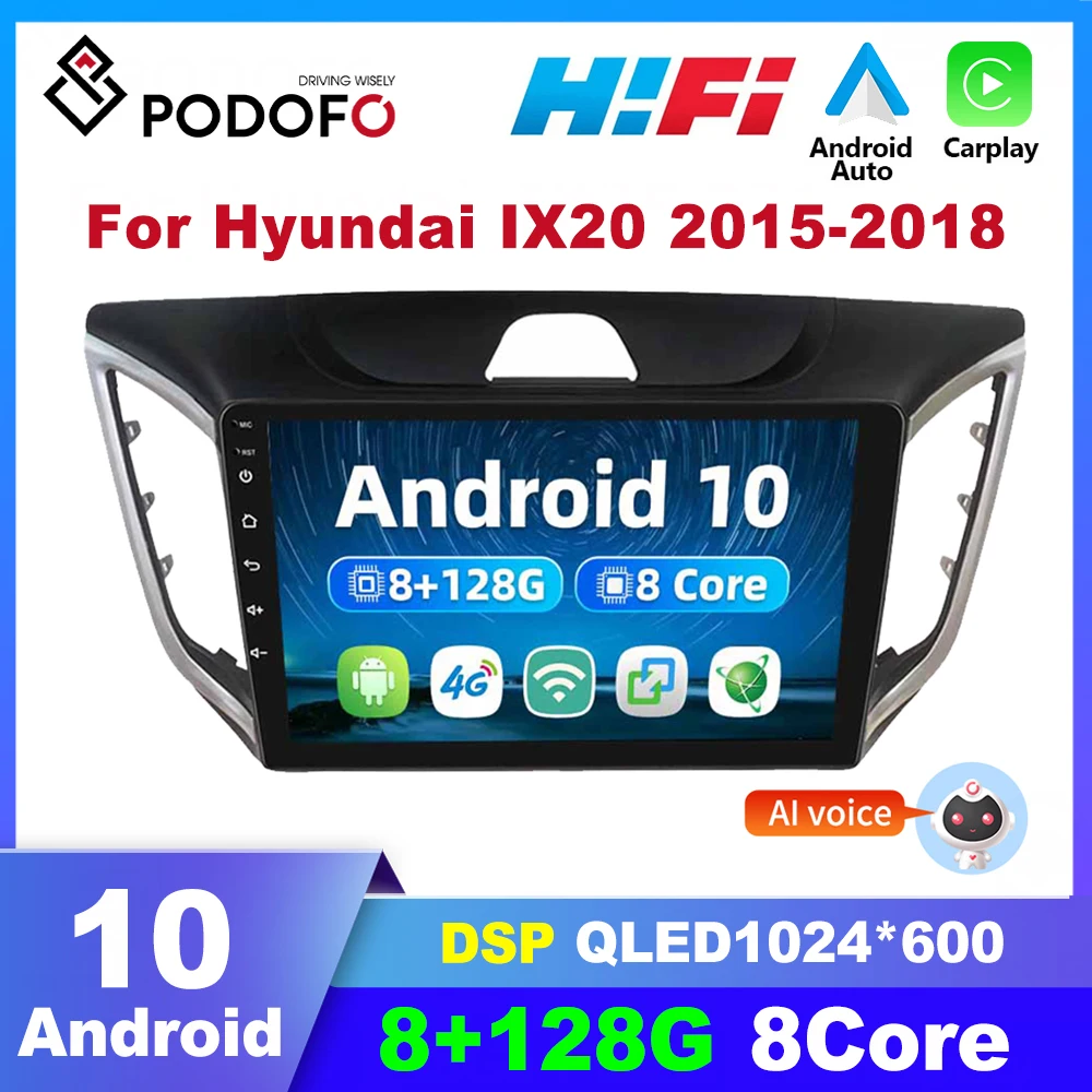 Автомагнитола Podofo на Android для Hyundai Creta IX25 2015-2018 Carplay мультимедийный видеоплеер