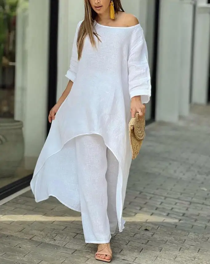 Two Peice Set Plain Asymmetrical Top & Casual Pants Set Women Casual New Fashion 2023 Summer Female Suit 
Two Peice Set Plain Asymmetrical Top & Casual Pants Set Women Casual New Fashion 2023 Summer Female Suit