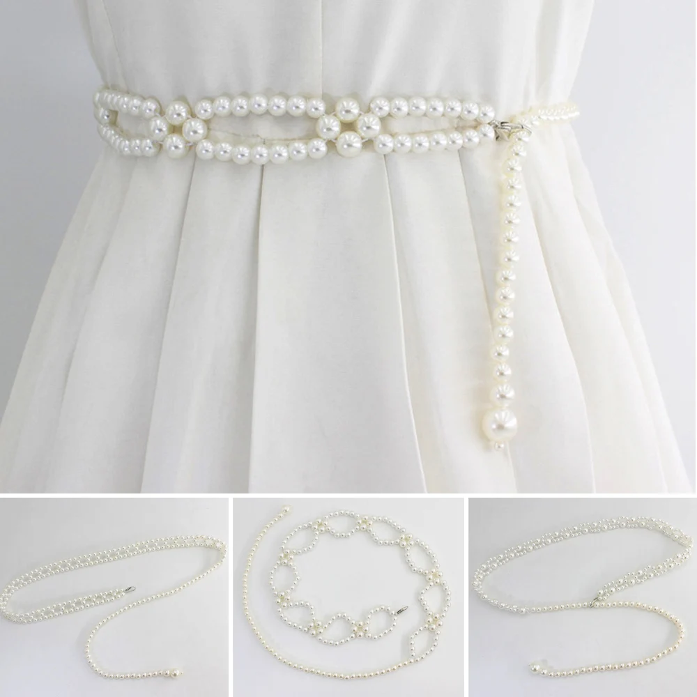 

2023 New Women Crystal Pearl Waist Chain Belt Fashion Dress Elastic Embellished Girdle Female Pearl Elegant Sweet Flower Belts