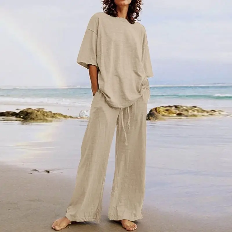 Two Piece Sets Solid Pants Women Round Neck Half Sleeve Shirt Drawstring Wide Leg Trousers Loose Tracksuits Ladies Outfits
Two Piece Sets Solid Pants Women Round Neck Half Sleeve Shirt Drawstring Wide Leg Trousers Loose Tracksuits Ladies Outfits