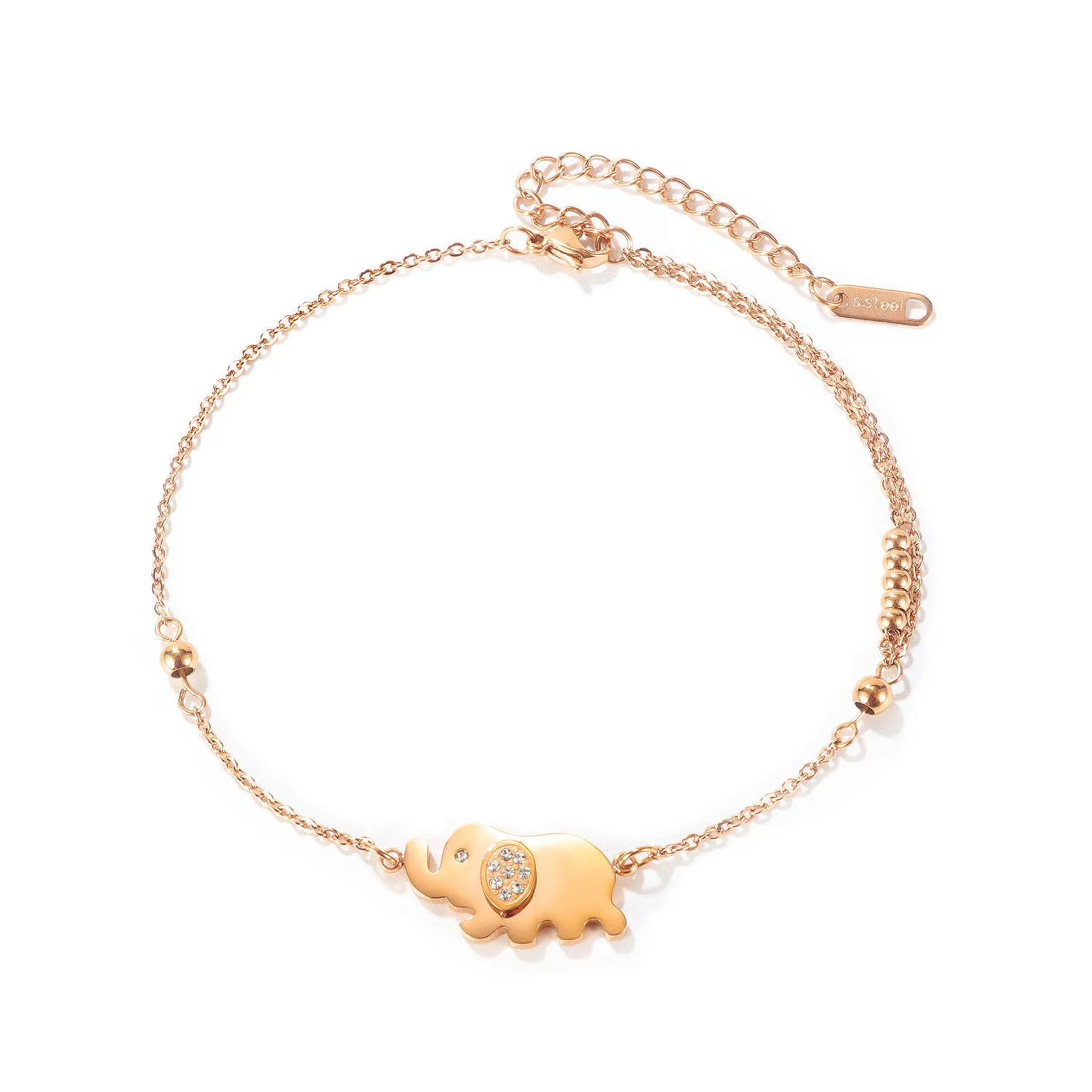 Auspicious Baby Elephant Double Lady Anklet Titanium Plated Rose Gold Elephant with Diamond Anklet
Auspicious Baby Elephant Double Lady Anklet Titanium Plated Rose Gold Elephant with Diamond Anklet