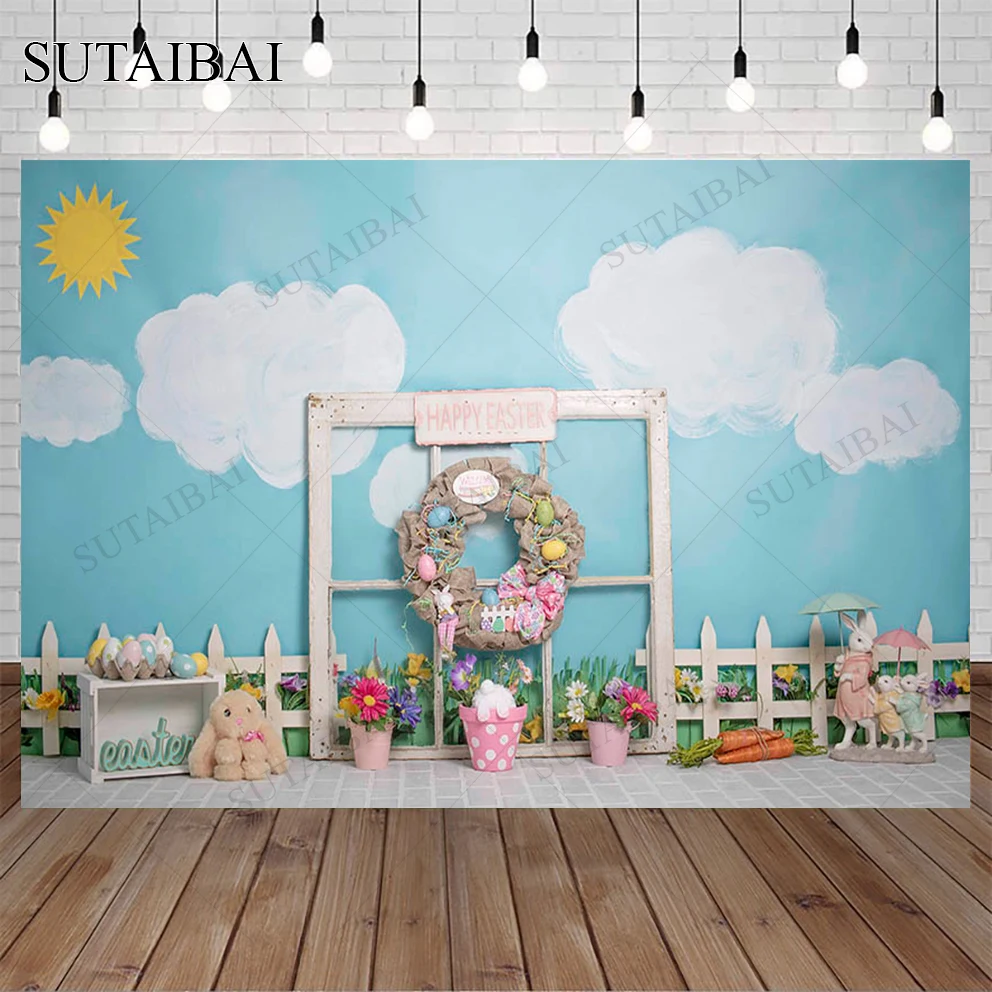 Easter Photography Background Eggs Blue Sky and White Clouds Bunny Garland Flower Pot Smash Background Studio Booth Background
Easter Photography Background Eggs Blue Sky and White Clouds Bunny Garland Flower Pot Smash Background Studio Booth Background